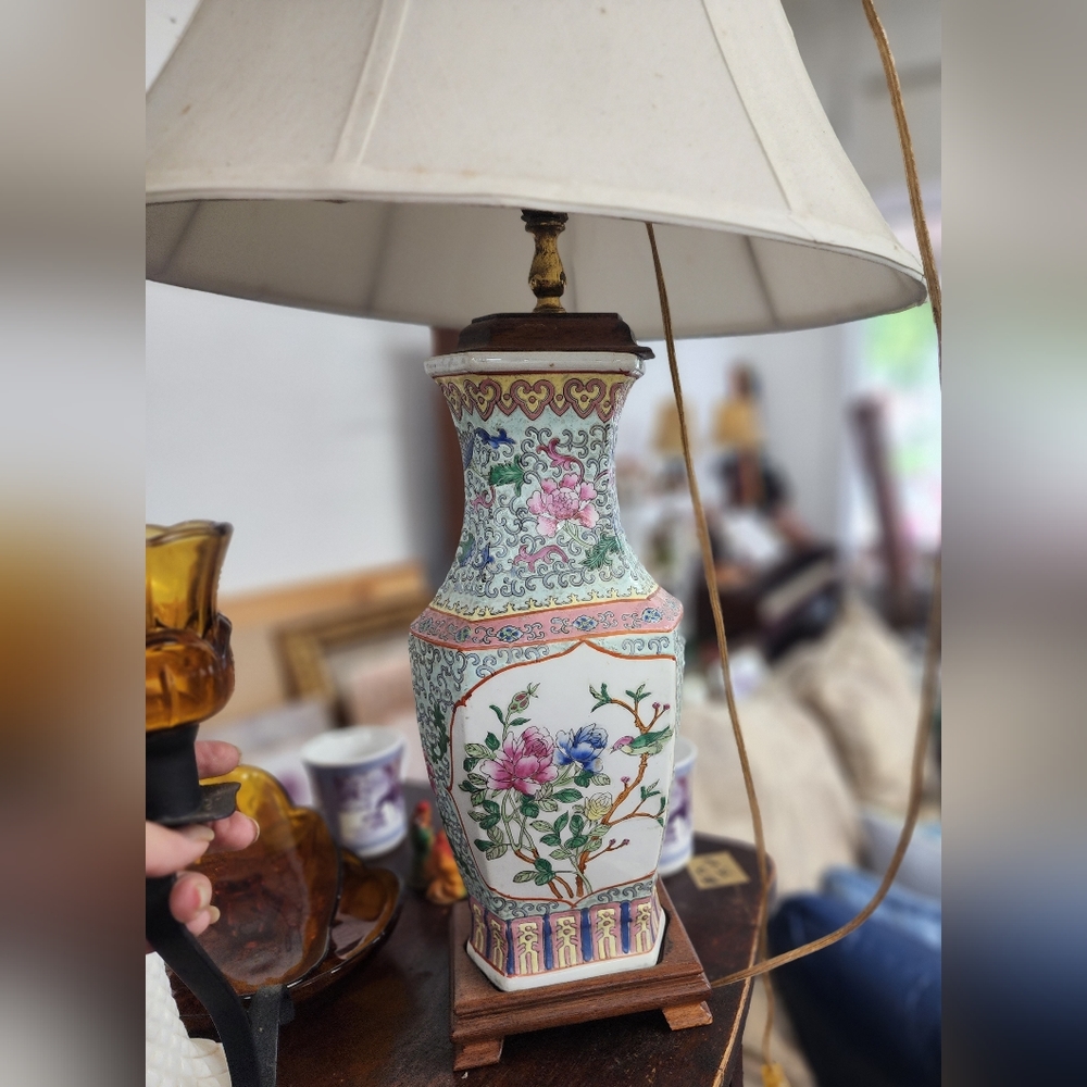 Antique Chinese Handpainted Cloisonne Famille Rose Porcelain Lamp Mahogany Brass